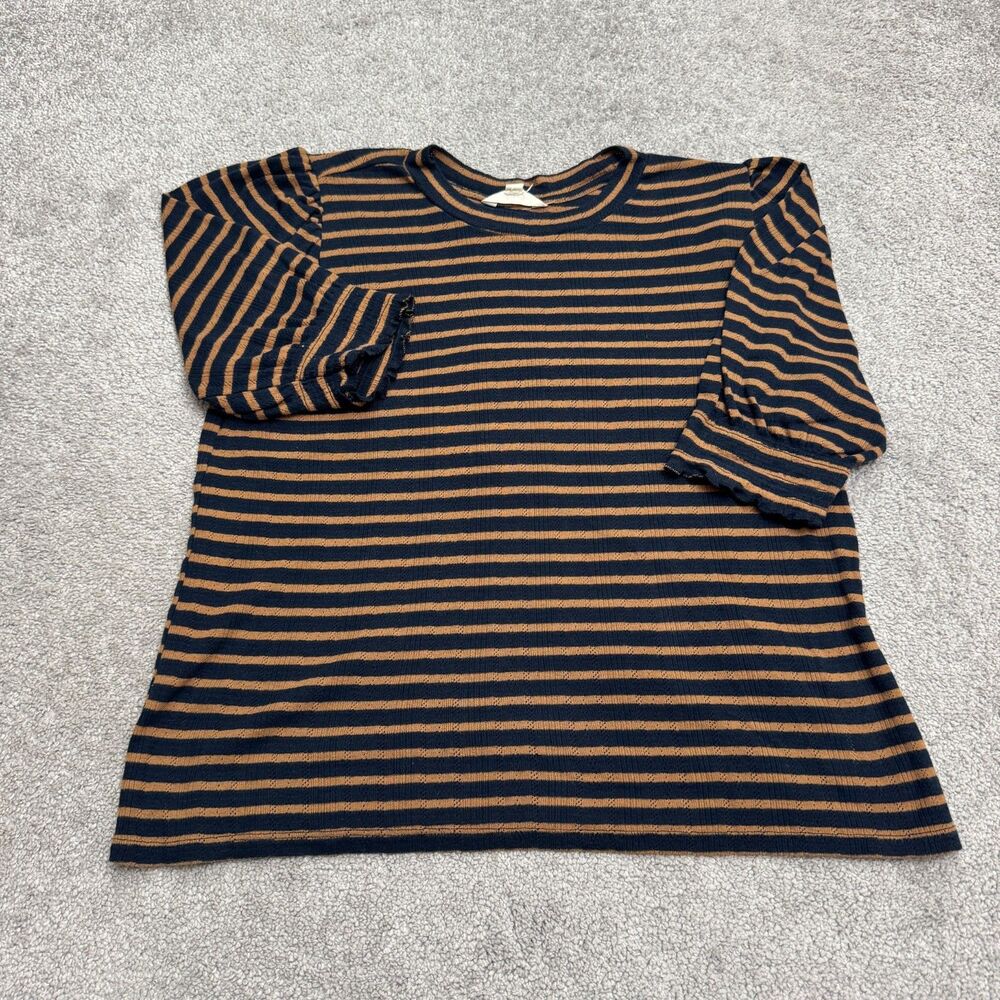 Lucky Brand Striped Knitted Puff Half Sleeve Top Womens Large Navy Blue Brown